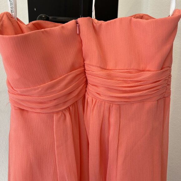 David's Bridal F14865 Strapless Crinkle Chiffon Beaded Bridesmaid Dress Coral 4 - Picture 5 of 7